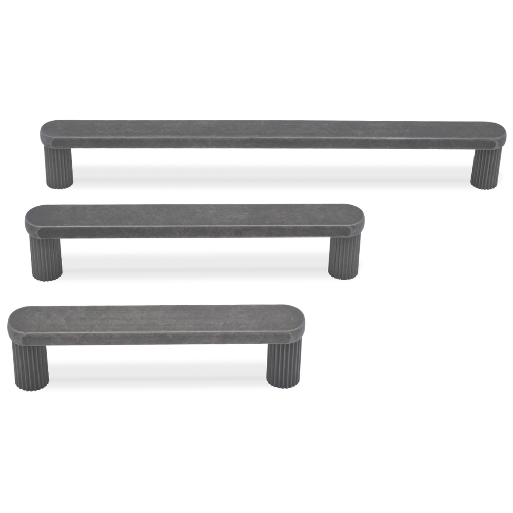 Modern designed ribbed cabinet pulls in weathere nickel with matte touch