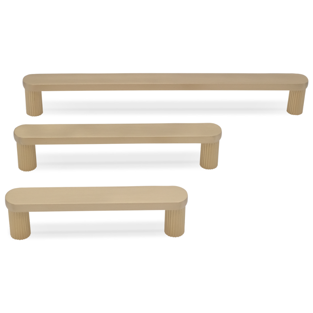 Rounded ribbed modern cabinet pull in satin brass for contemporary and transitional spaces
