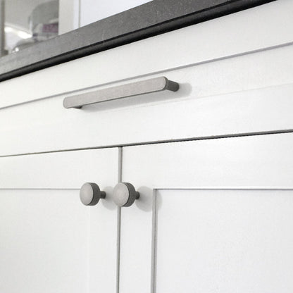 Ribbed pull and knob in weathered nickel - modern style for kitchen and bathroom