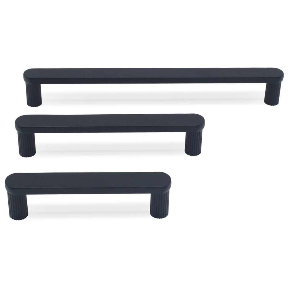 Modern solid brass ribbed pull in matte black for drawers and doors