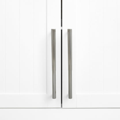 Sunburst pulls in satin nickel for modern cabinet doors and drawers