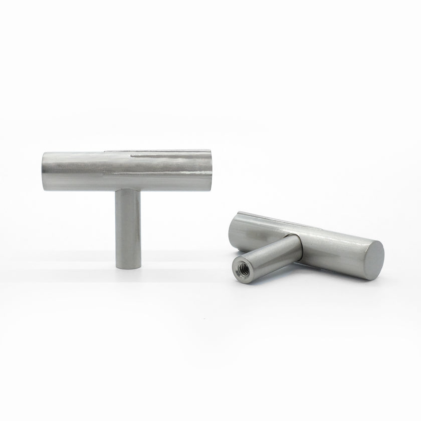 Sunburst T-Knobs in satin nickel with angular etched design