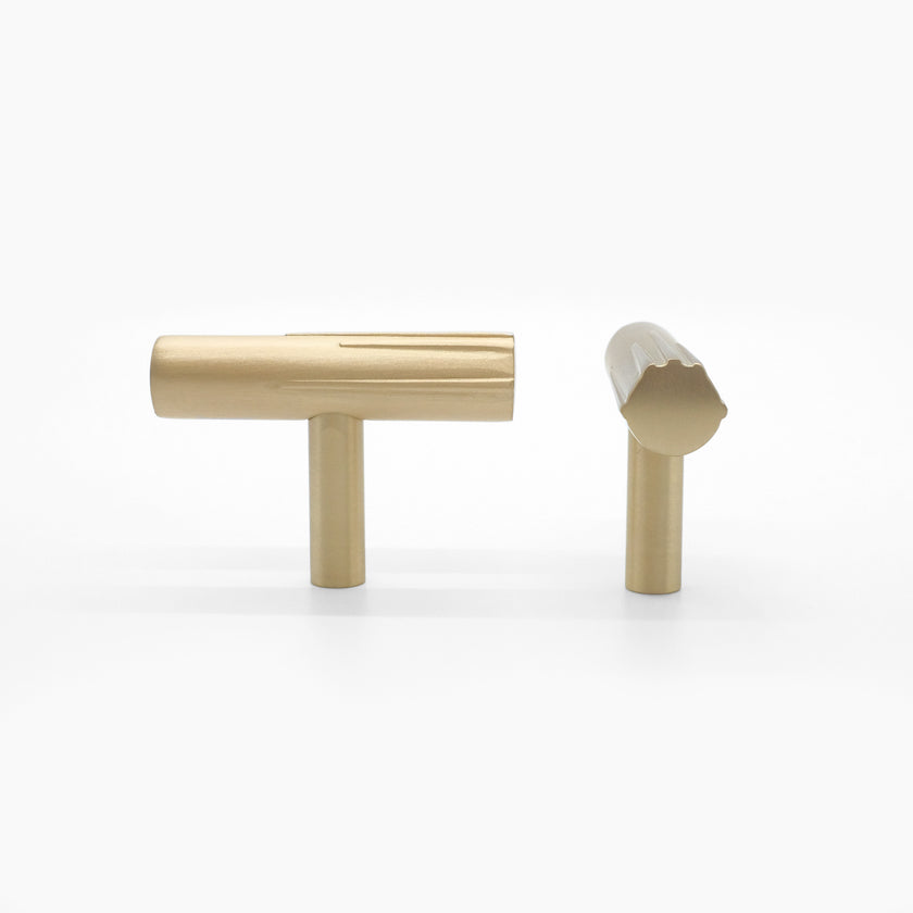 Sunburst T-Knobs in satin brass - modern hardware with etched detail