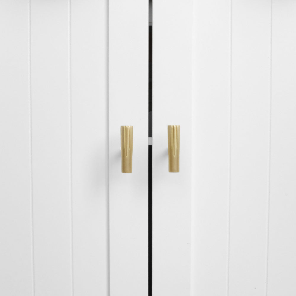 Sunburst T-Knobs in satin brass for modern shaker cabinets